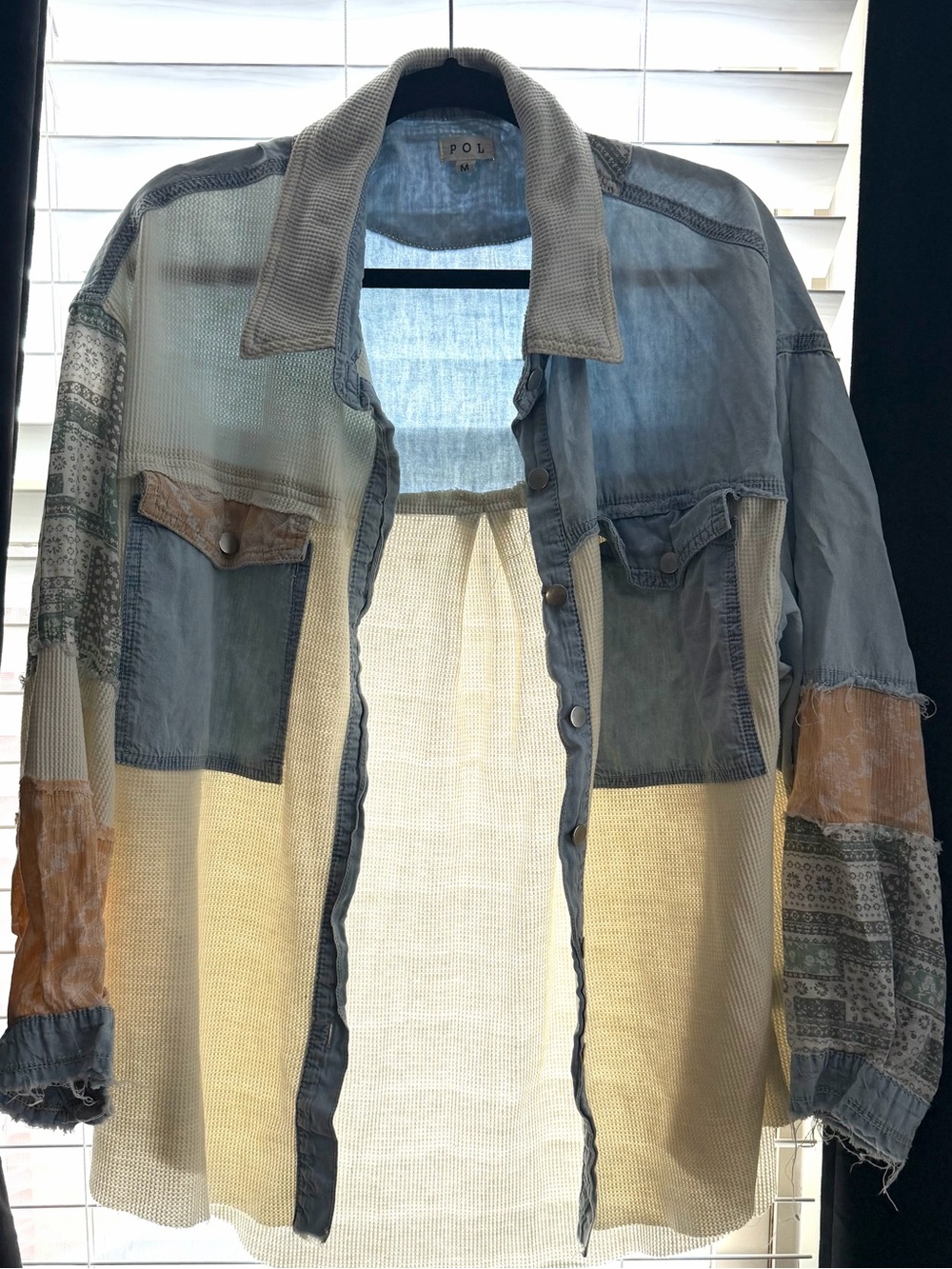 POL Patchwork Lightweight Shirt Jacket - Blue, Cream & Tan